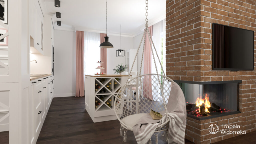 Mieszkanie z wyspą i ceglanym kominkiem | Piękne Eleganckie Glamour | Projekt wnętrza architekt Izabela Widomska
